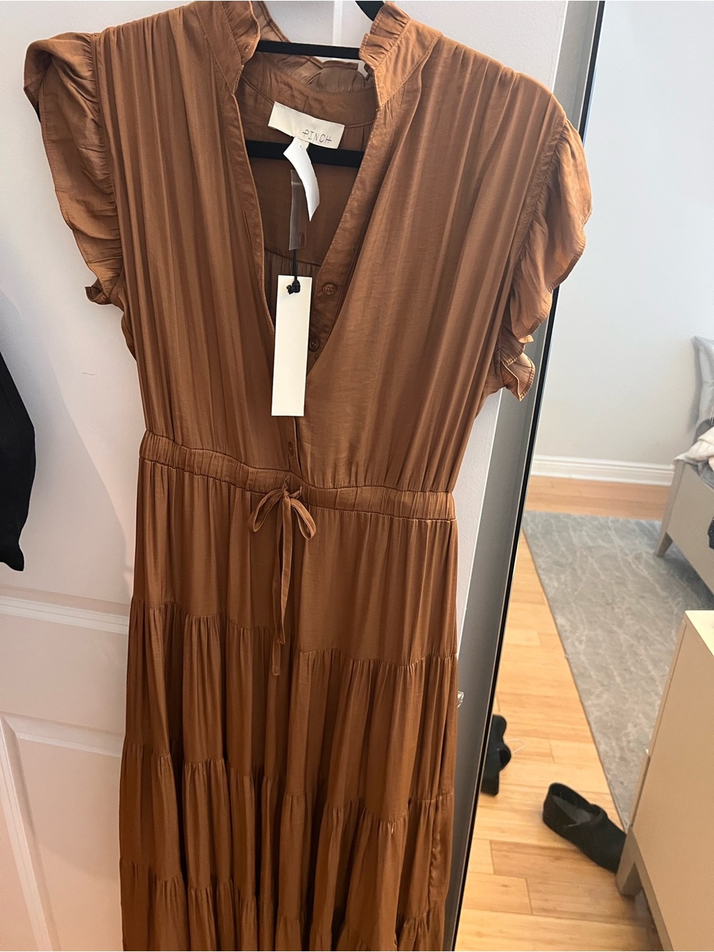 Pinc Brown Tiered Maxi Dress with Tie Waist